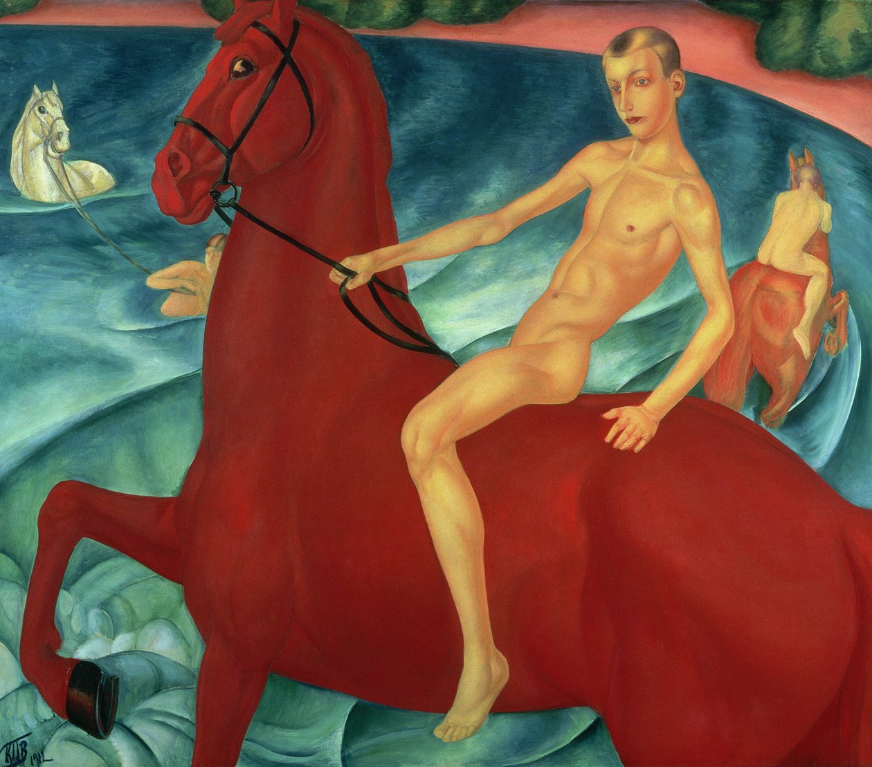 Punaisen hevosen kylpeminen, 1912 tekijältä Kuzma Sergeevich Petrov Vodkin