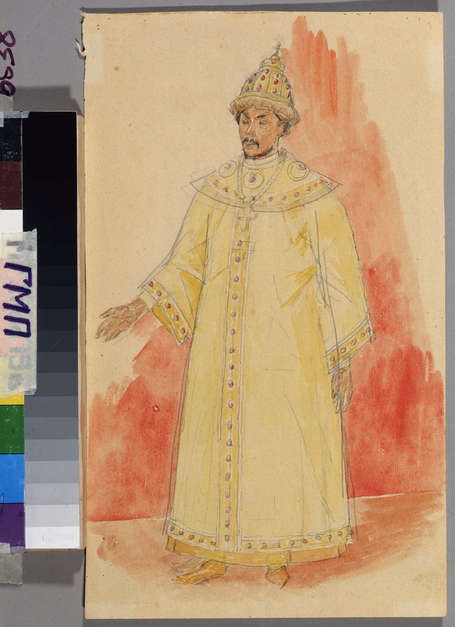 Pukuprojekti Modest Mussorgskin (1839-1881) oopperaan "Boris Godunov". Kuzma Sergejevitš Petrov Vodkin (Petrov-Vodkin) (Kouzma Petrov Vodkin) (Petrov-Vodkin) (1878-1939) työ, kynä ja akvarelli paperille tekijältä Kuzma Sergeevich Petrov Vodkin