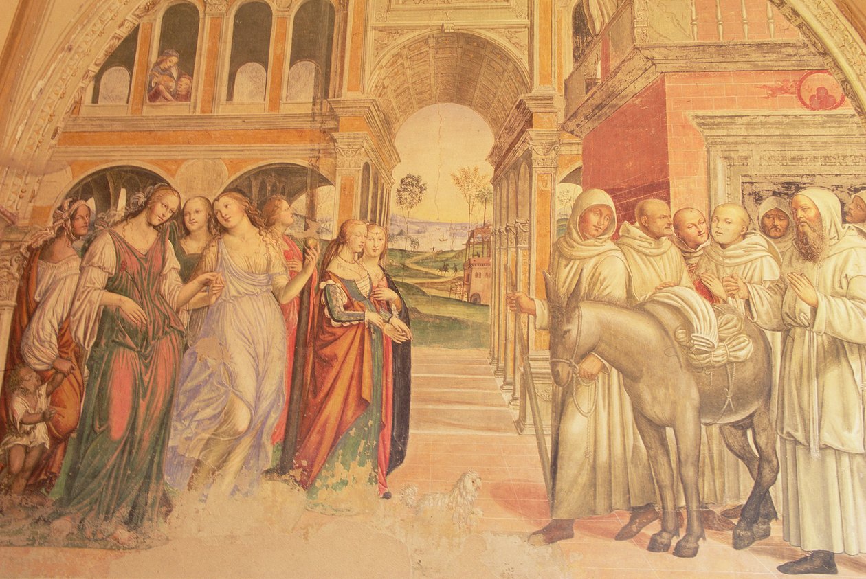 Florent lähettää luostariin irrallisia naisia, Pyhän Benedictuksen elämästä, 1497-1498 tekijältä L. and Sodoma, G. Signorelli