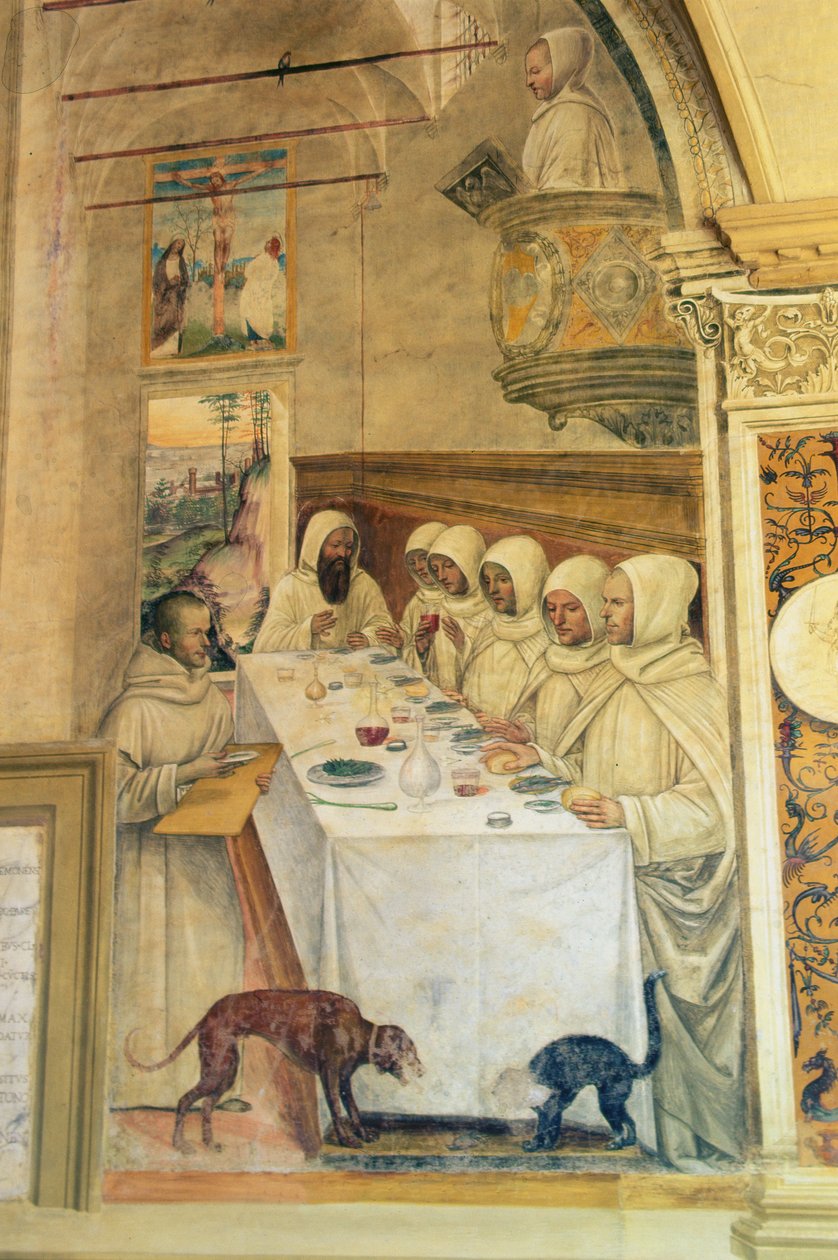 Pyhä Benedictus löytää jauhoja ja ruokkii munkkeja Pyhän Benedictuksen elämästä, 1497-1498 tekijältä L. and Sodoma, G. Signorelli