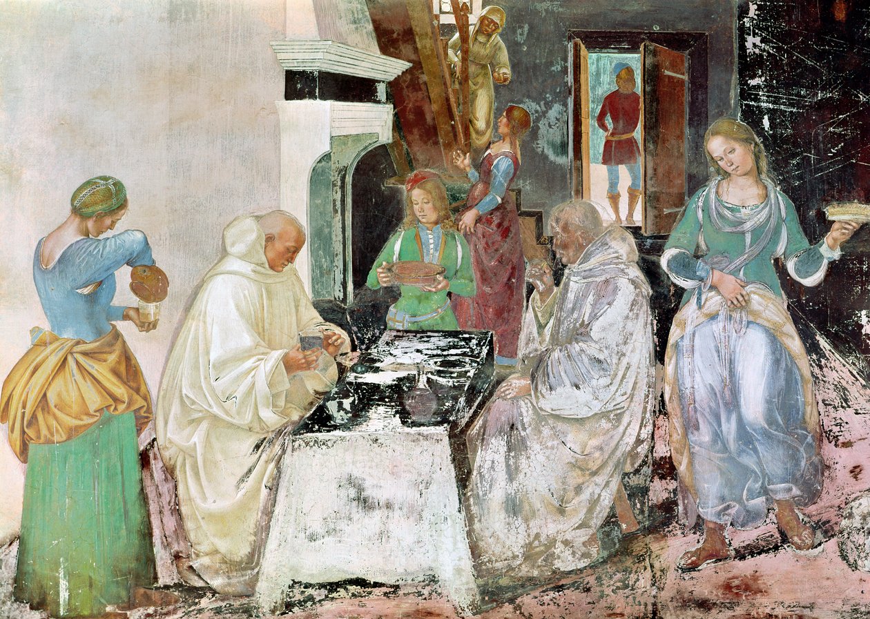Pyhä Benedictus saa vieraanvaraisuutta, Pyhän Benedictuksen elämästä, 1497-1498 tekijältä L. and Sodoma, G. Signorelli