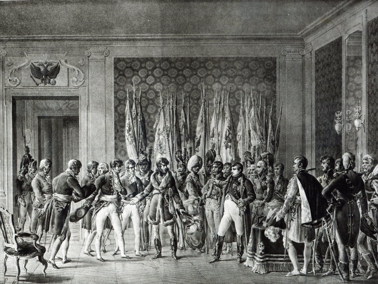 Napoleon antaa Austerlitzissä vuonna 1805 voitetut liput Pariisin pormestareille, jotka vierailivat hänen luonaan Schonbrunnissa tekijältä L. Marin