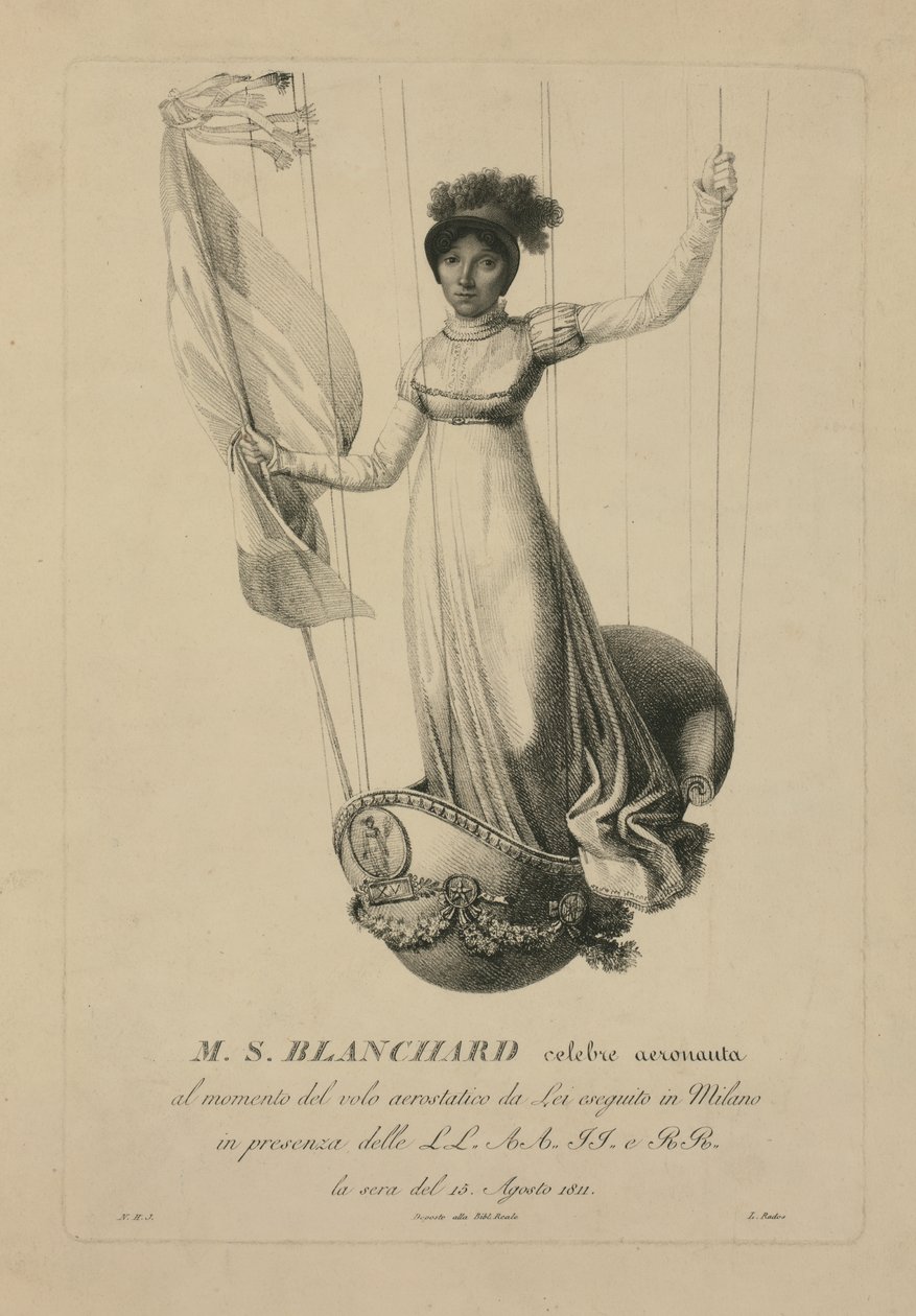 Sophie Blanchard ilmapallonsa korissa Milanon-lennon aikana Napoleonin läsnä ollessa, 1811 tekijältä L. Rados