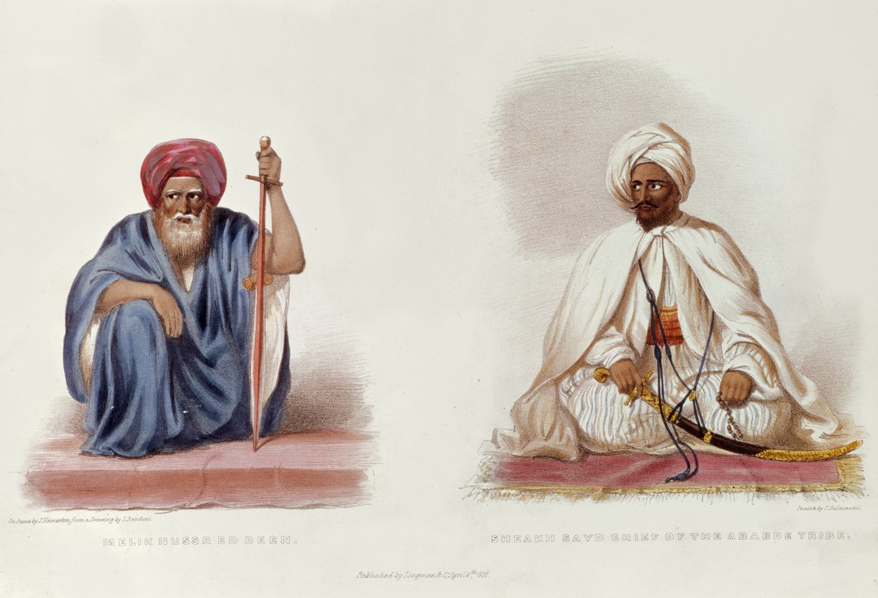 Melik Nussr Ed Deen ja Sheakh Sayd, Ababde-heimon päällikkö, kuvitus artikkelista Travels in Etiopia, kirjoittanut G.A. Hoskins tekijältä L. after Bandoni