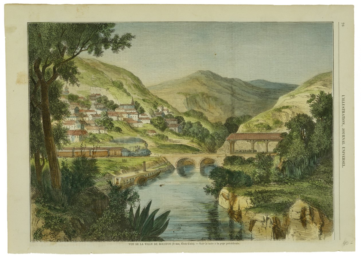 Vue de la Ville de Houston, n. 1855-1865 (käsinvärinen puukaiverrus kudottulle puumassapaperille) tekijältä L. after Regnier
