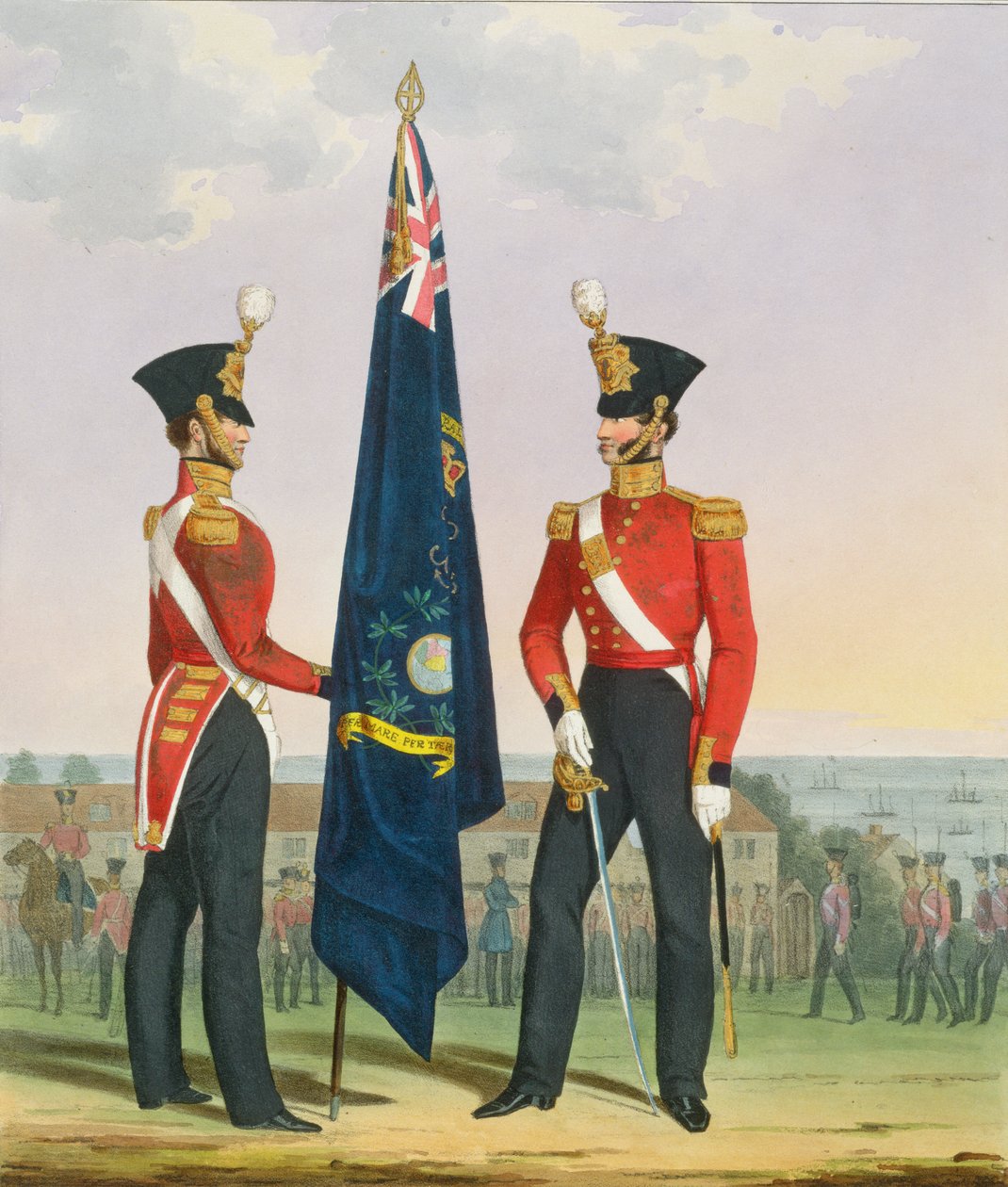 Kuninkaallisen merijalkaväen (Subalterns) 2. luutnantti, joka kantaa Divisional Colours -värejä, levy 15 julkaisusta "Kuninkaallisen laivaston ja merijalkaväen puku", taiteilijoiden kaiverrettu, n. 1830-37 tekijältä L. and Eschauzier, St. Mansion