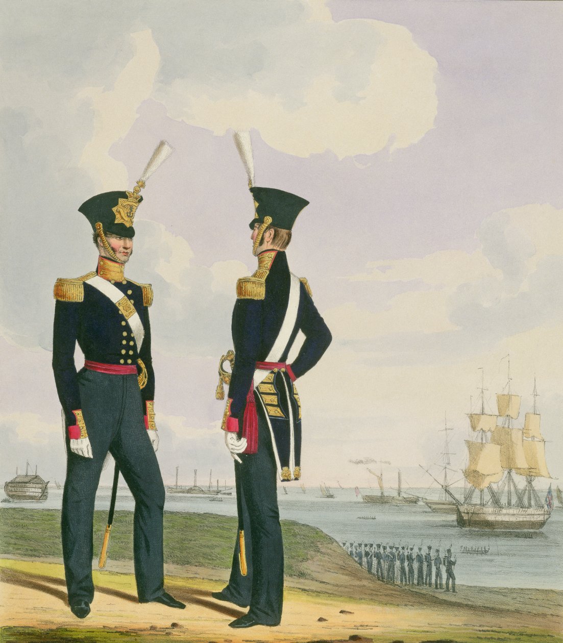 Kirurgit, levy 6 julkaisusta "Kuninkaallisen laivaston ja merijalkaväen puku", taiteilijoiden kaivertama, n. 1830-37 tekijältä L. and Eschauzier, St. Mansion