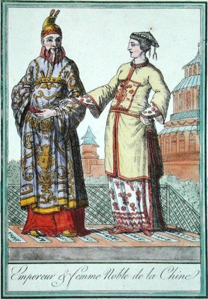 Kiinan keisari ja jalo nainen, yhdestä Jules Grasset de Saint-Sauveurin (1757-1810) pukututkimuksesta 1796 (värikaiverrus) tekijältä L.F. Labrousse