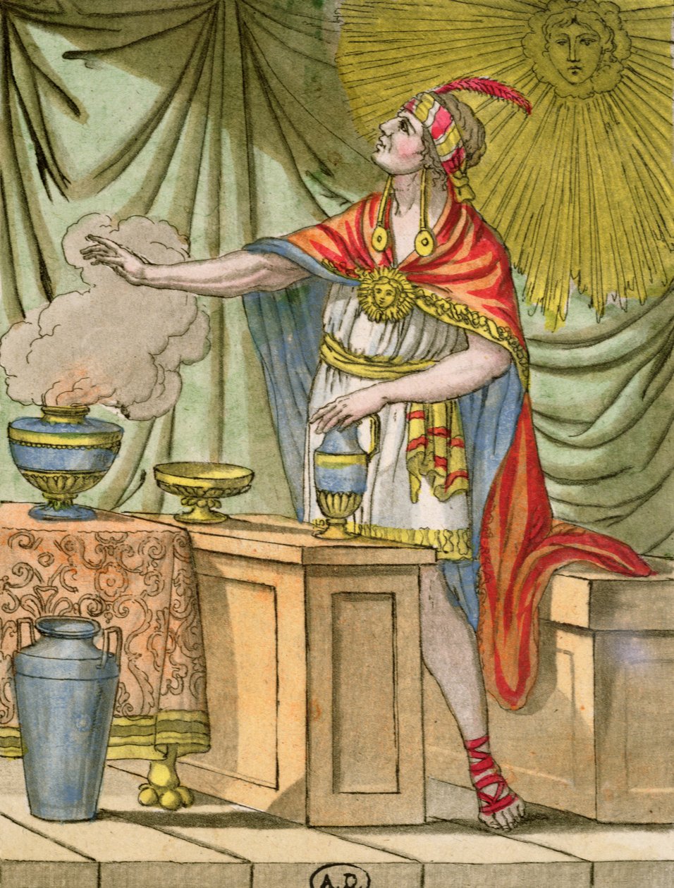 Muinainen perulainen pappi, Jules Grasset de Saint-Sauveurin (1757-1810) Encyclopedie des Voyages -teoksesta 1796 tekijältä L.F. Labrousse
