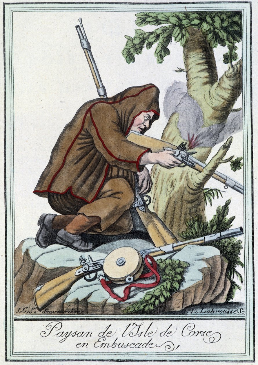 Korsikan saaren talonpoika väijytyksessä - J. Grasset St Sauveurin "" Encyclopedia of Travels" -julkaisussa, Deron, Pariisi tekijältä L.F. Labrousse