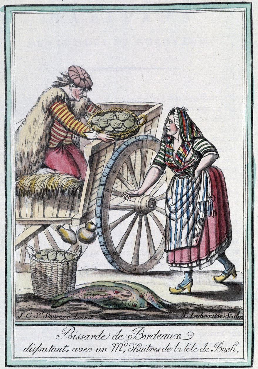 Poissarde de Bordeaux riitelee osterikauppiaan kanssa Buchin johdosta - J. Grasset St Sauveurin "" Matkailujen tietosanakirja" -julkaisussa Deron, Pariisi tekijältä L.F. Labrousse
