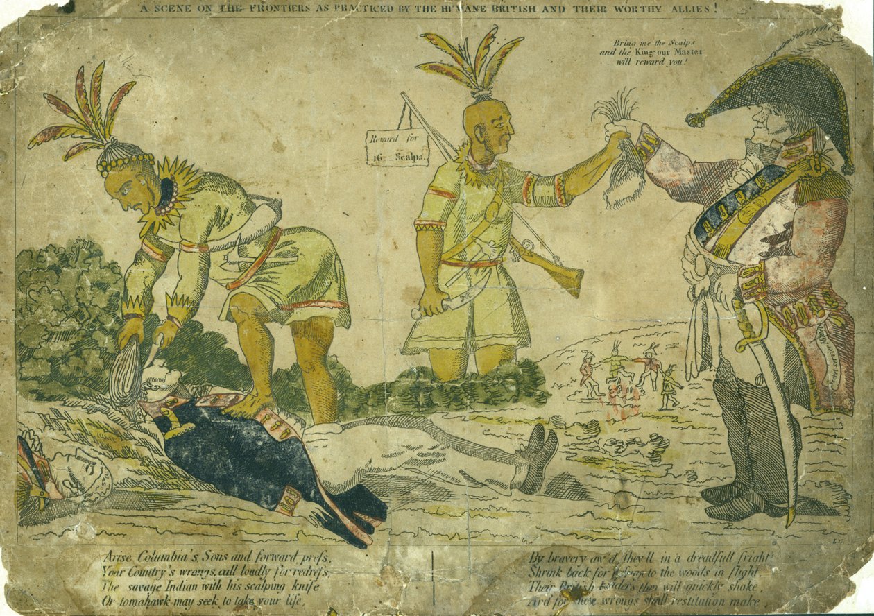 Vaakasuora käsivärinen kaiverrus, jossa brittiläinen upseeri maksaa amerikkalaisille intiaaneille päänahalle ja amerikkalaiselle sotilaalle tekijältä LG after William Charles