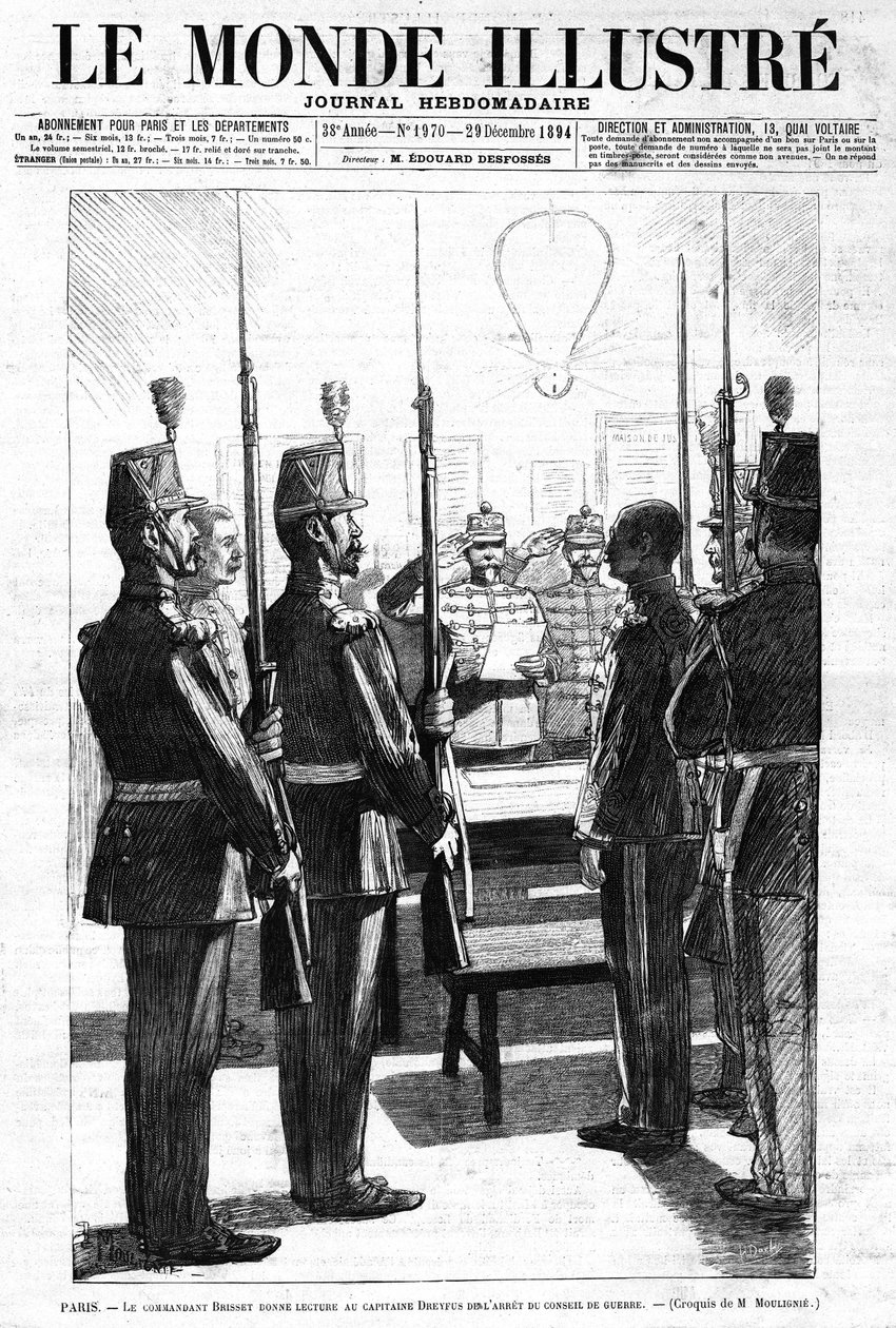 Komentaja luki kapteeni Alfred Dreyfusille sanan Sotaneuvoston pidätys Pariisista. Luonnos herra de Mouligniesta. "" Le Monde Illustré" -viikkolehdessä nro 1970, 29. joulukuuta 1894. tekijältä L. Moulignie