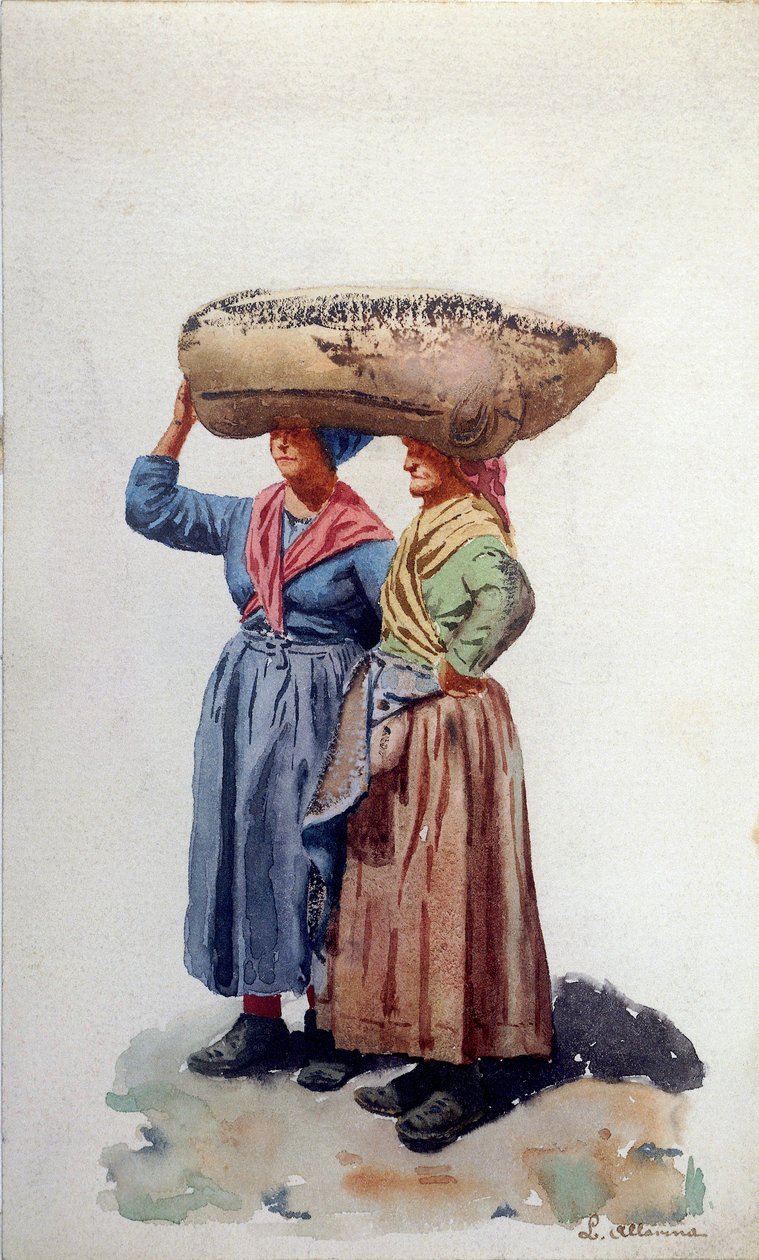 Kaksi naista telakkatyöntekijää Genovan satamassa, n. 1890 (akvarelli paperille) tekijältä L. Allavena