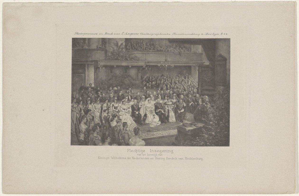 Kuningatar Wilhelminan ja prinssi Hendrikin avioliiton siunaus, 1901 Alankomaiden kuningatar Wilhelminan ja Mecklenburgin herttua Hendrikin avioliiton juhlallinen siunaus (otsikko esineessä) tekijältä L. Angerer