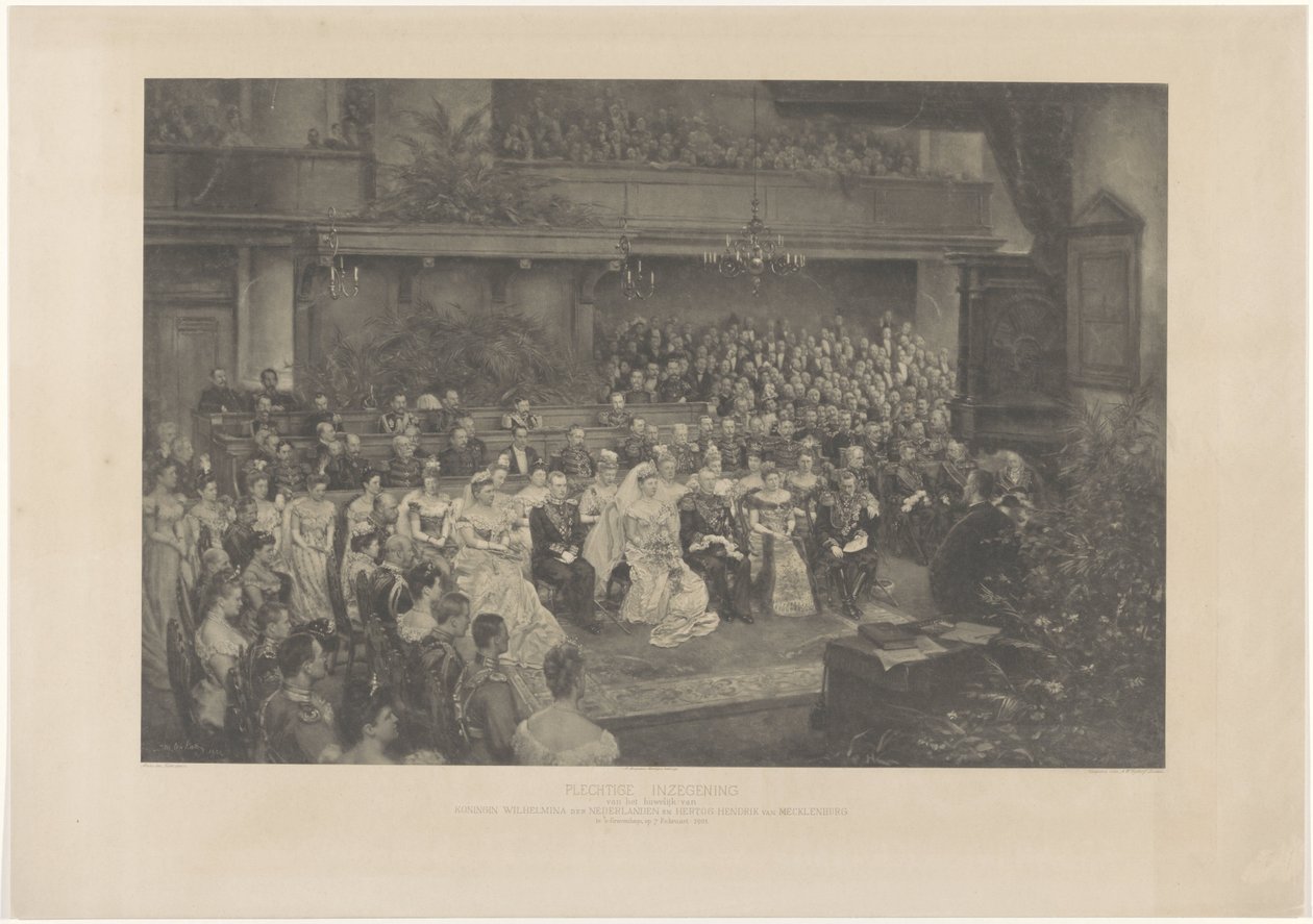 Alankomaiden kuningatar Wilhelminan ja Mecklenburgin herttua Hendrikin avioliiton juhlallinen siunaus Haagissa 7. helmikuuta 1901 (otsikko esineessä) tekijältä L. Angerer