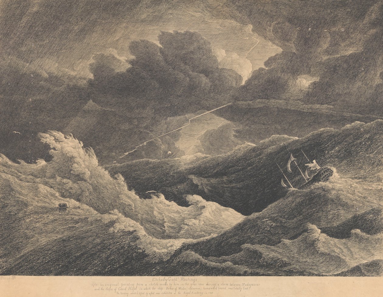 Vuonna 1804 tehdystä luonnoksesta, joka on tehty Madagaskarin ja Hyvän toivon niemimaan välisen myrskyn aikana, jossa intialainen Prince of Wales -alus oli täysin hukassa, noin 1804 (etsaus). tekijältä L. Hastings