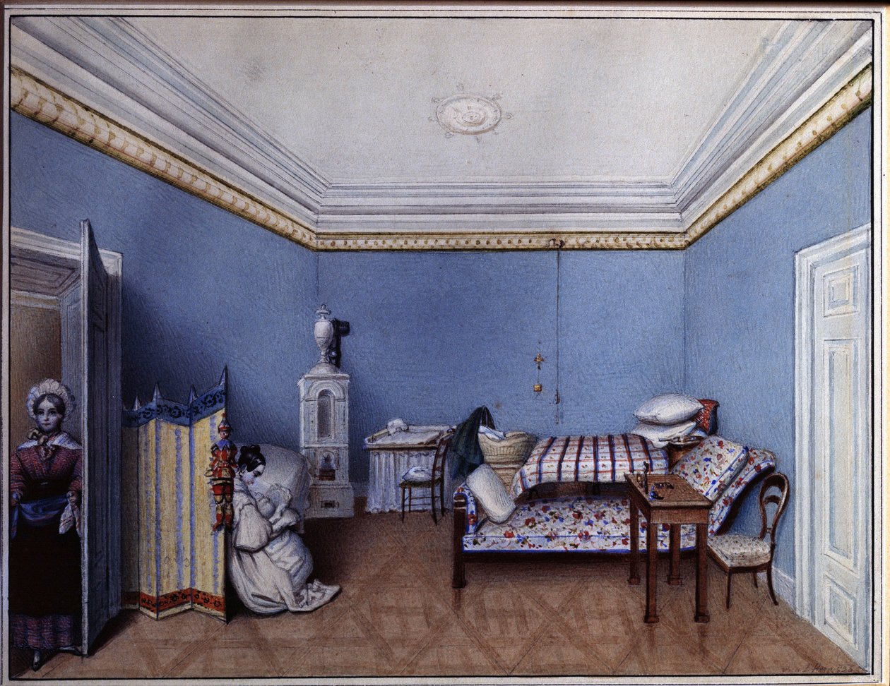 ""Makuuhuoneessa"" L. Hernin akvarelli (1800-luku) 1835 A. Pushkinin muistomuseo, Pietari tekijältä L. Hern