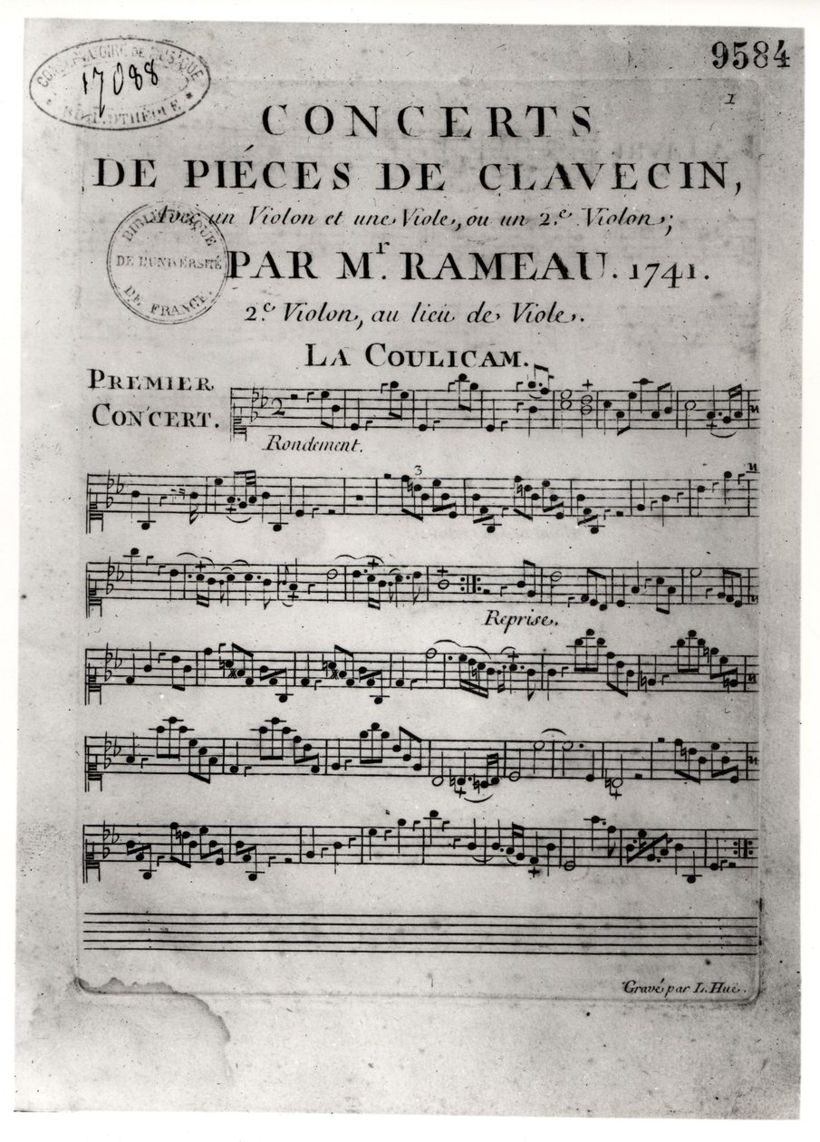 Jean-Philippe Rameaun (1683-1764) Concerts de Pieces de Clavecinin partituuritaulukko 1741 tekijältä L. Hue