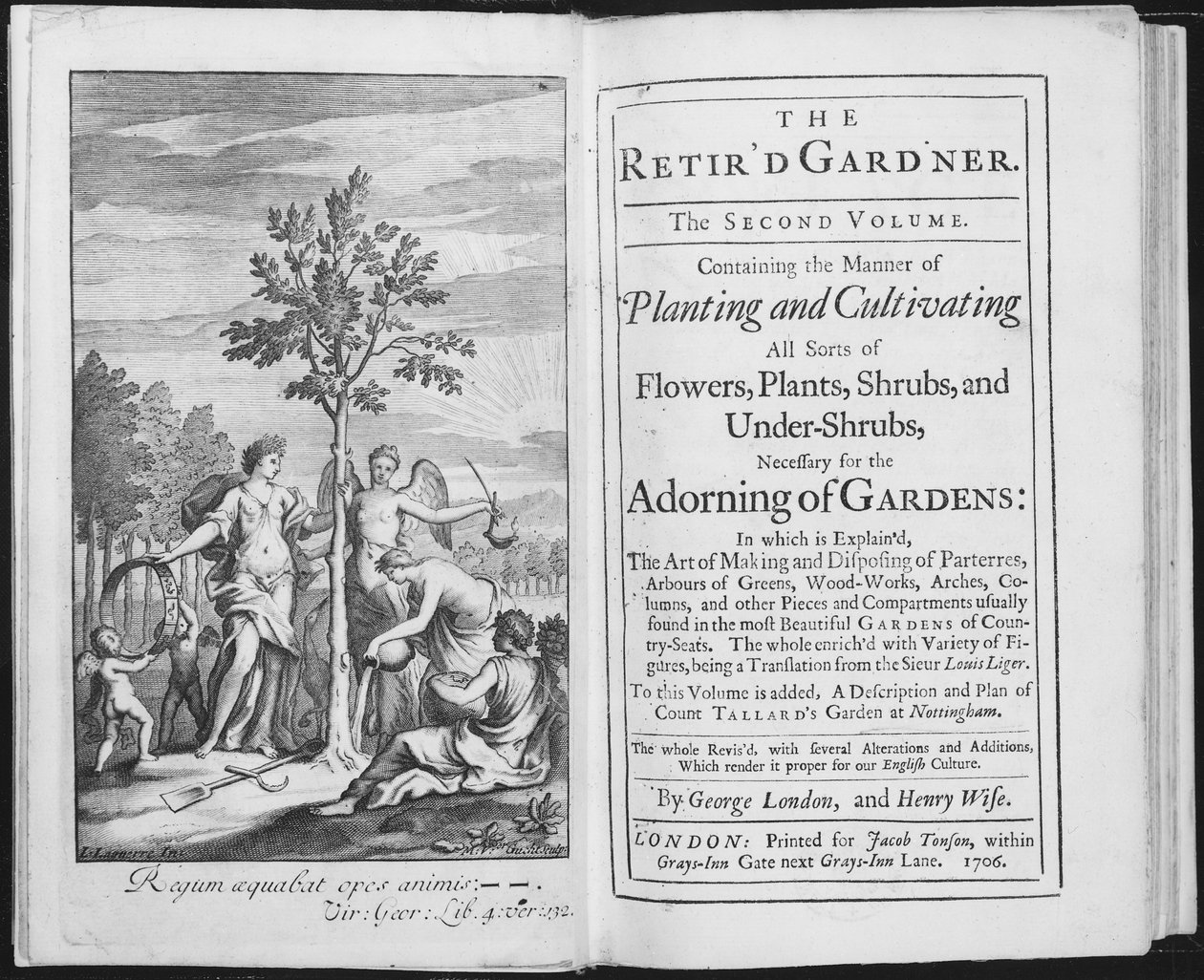 George Londonin ja Henry Wisen eläkeläispuutarhurin etukappale, kaiverrus Van der Gucht, 1706 (bw kuva) tekijältä L. Laguerre