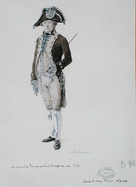 Ranskan konsuli pukeutuneena vuoden 1776 univormuun (kynä ja pesu paperille) tekijältä L. Malespine