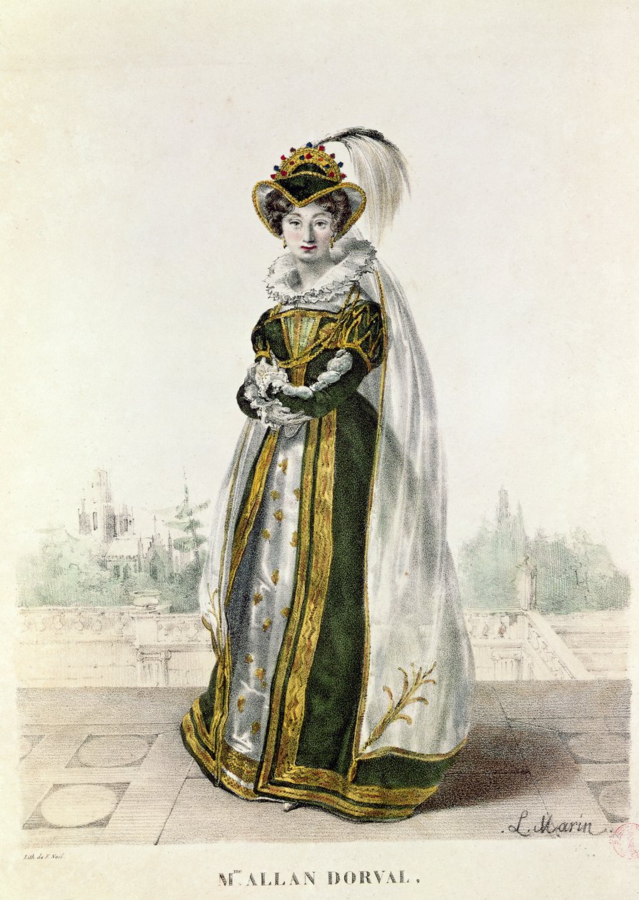 Marie Dorval (1798-1849) Victor Hugon (1802-85) elokuvassa "Marion Delorme" Theater de la Porte Saint-Martinissa, kaiverrus F. Noel tekijältä L. Marin