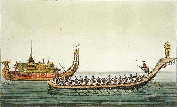 Burmalaiset laivat, kuvitus Giulio Ferrarion teoksesta "Le Costume Ancien et Moderne", julkaistu noin 1820-30-luvuilla (värillinen kaiverrus). tekijältä L. Rossi