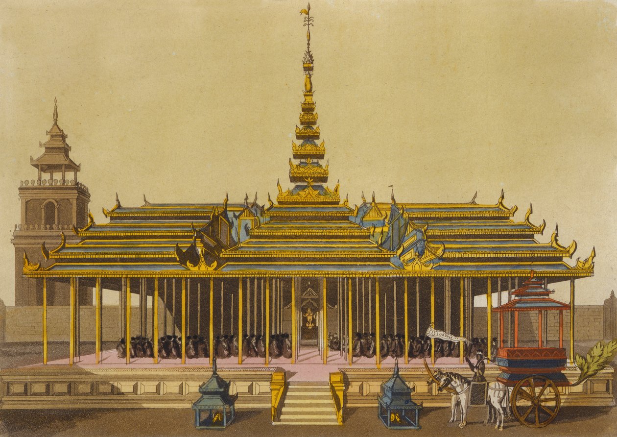 Siamin kuningas puhuttelee paviljongissaan hovimiehiä, Jules Ferrarion Le Costume Ancien et Modernen levy 69, kaiverrus Gaetano Zancon (1771-1816), julkaistu noin 1820-30-luvulla tekijältä L. Rossi