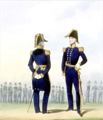 Lippuupseerit, kilpi 4 julkaisusta "Kuninkaallisen laivaston ja merijalkaväen puku", taiteilijoiden kaiverrus, n. 1830-37 (väri litho) tekijältä L. and Eschauzier St. Mansion
