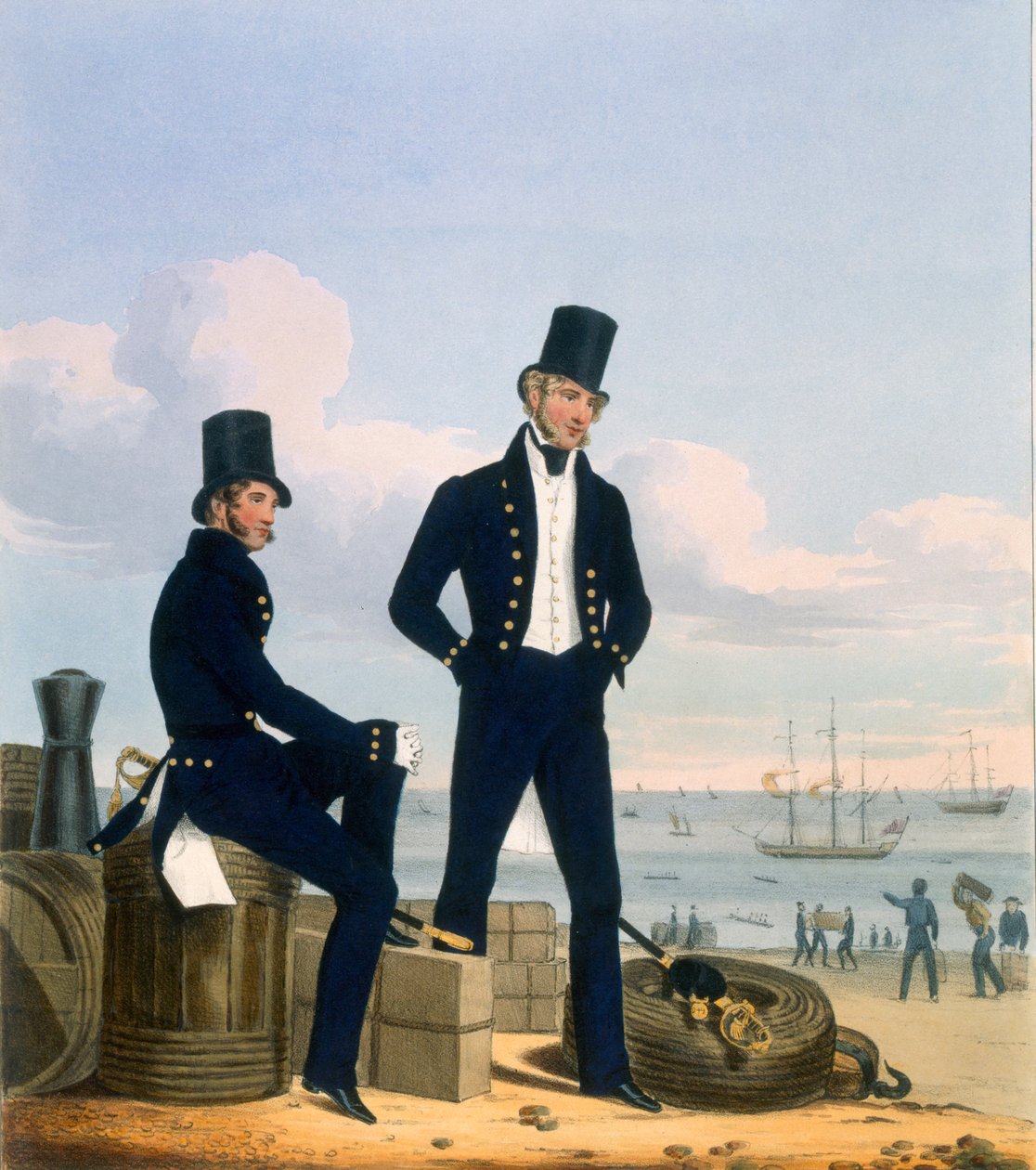 Gunners, Boatswains ja Carpenters, taiteilijoiden kaivertama levy 11 julkaisusta "Kuninkaallisen laivaston ja merijalkaväen puku", n. 1830-37 tekijältä L. and Eschauzier, St. Mansion