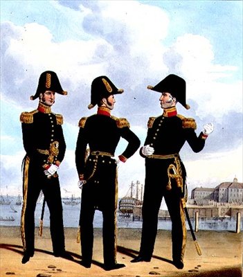 Laivaston päällikkö ja lääkärit, taiteilijoiden kaiverrettu levy 13 julkaisusta "Kuninkaallisen laivaston ja merijalkaväen puku", n. 1830-37 (värilitho) tekijältä L. and Eschauzier St. Mansion