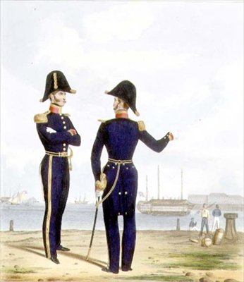 Mestarit, levy 10 julkaisusta "Kuninkaallisen laivaston ja merijalkaväen puku", taiteilijoiden kaiverrus, n. 1830-37 (väri litho) tekijältä L. and Eschauzier St. Mansion