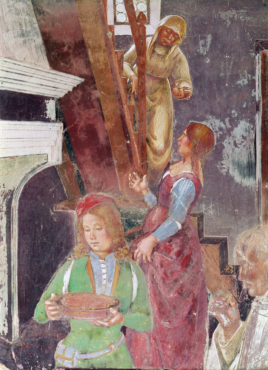 Nuori palvelija, jolla on lautanen, yksityiskohta Pyhän Benedictin vieraanvaraisuudesta, St. Benedictin elämästä, 1497–1498 (yksityiskohta 164410) tekijältä L. and Sodoma, G. Signorelli