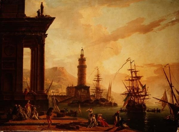 Välimeren sataman capriccio hollantilaisen fregatin ja muun laivaliikenteen kanssa tekijältä La Croix de Marseilles