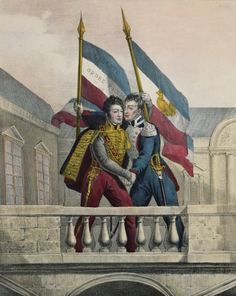 Orléansin herttua syleilee kenraali La Fayettea ja kohotti kansallisvärejä Palais-Royalin terassilla, 30. heinäkuuta 1830 tekijältä Labastide