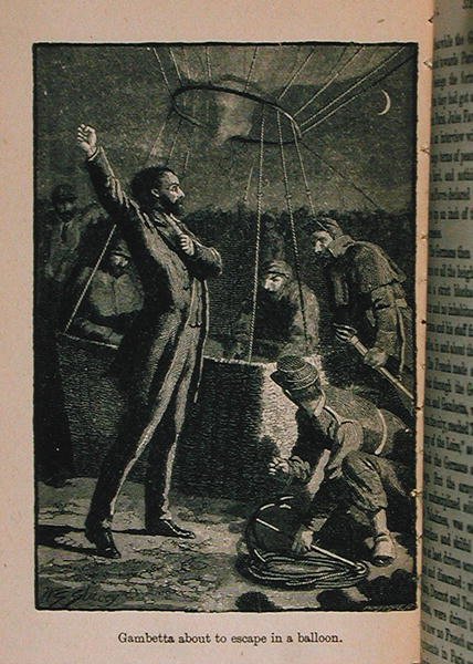 Gambetta pakenemassa ilmapallolla, kuvitus teoksesta Little Arthurs History of France: From the Earliest Times to the Fall of the 2nd Empire, julkaistu 1899. tekijältä Lady M. Chalcott