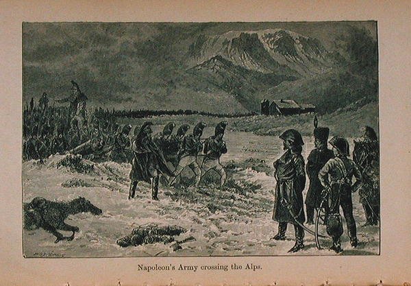 Napoleonin armeija ylittämässä Alpit, kuvitus Pikku Arthurin Ranskan historiasta: Varhaisimmista ajoista toisen imperiumin kukistumiseen julkaistiin 1899 tekijältä Lady M. Chalcott