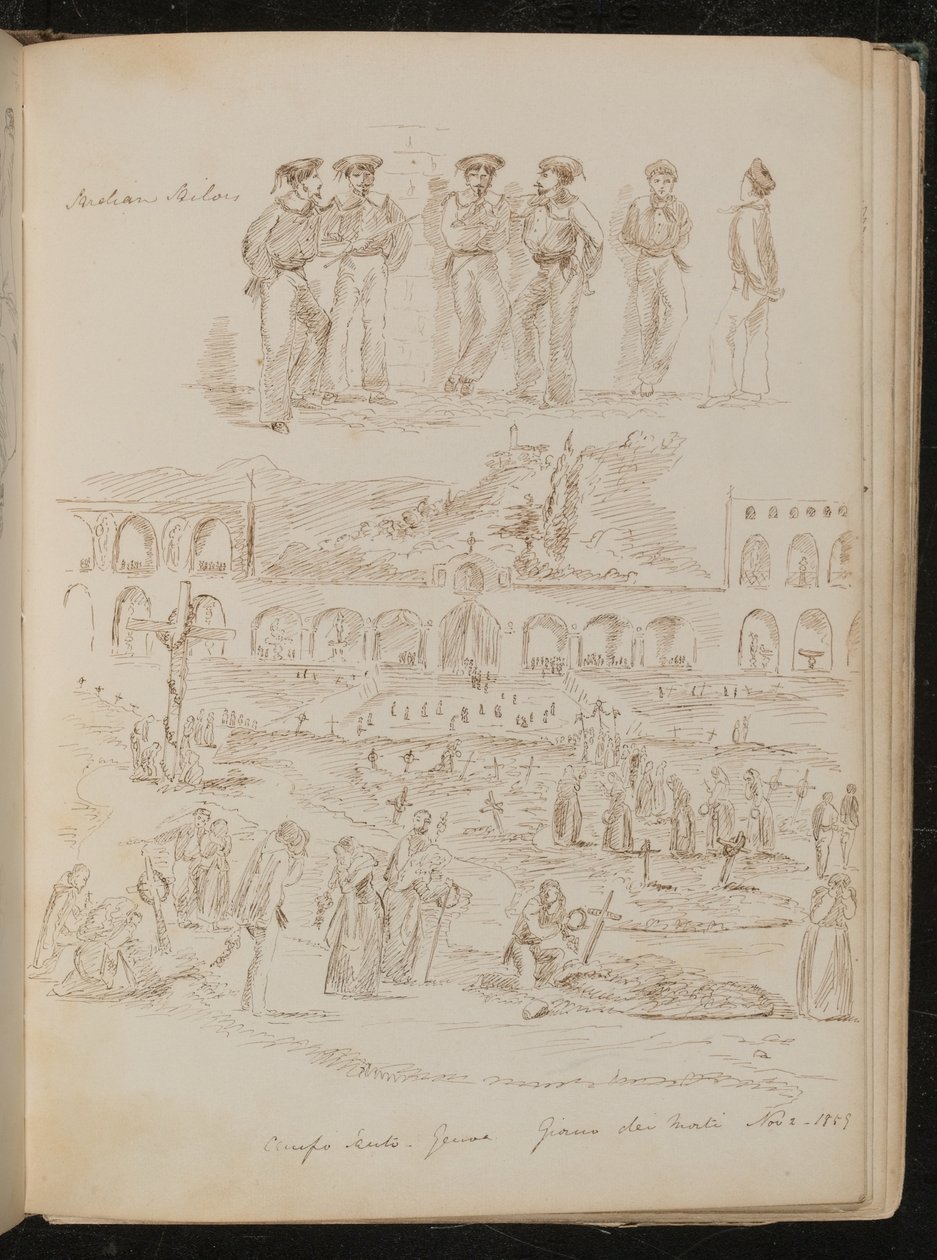Kuusi "sardian merimiestä", laaja kohtaus kirkosta ja hautausmaalta, jotka on merkitty nimellä "Cruifo Santo - Genova". Giorno dei Morti. 2.11.-p 1859