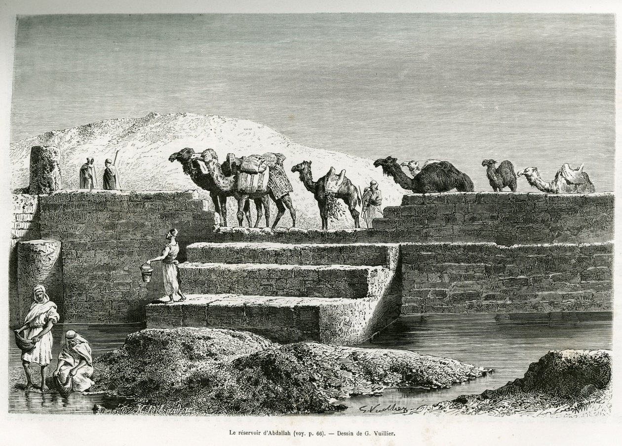 Abdullahin tekojärvi, Saudi-Arabia, kuvitus teoksesta "Pyhiinvaellus Nejdiin, arabirotujen kehtoon", julkaistu Edouard Chartonin (1807-1890) johtamassa World Tourissa 1882 (litho) tekijältä Lady Anne Blunt