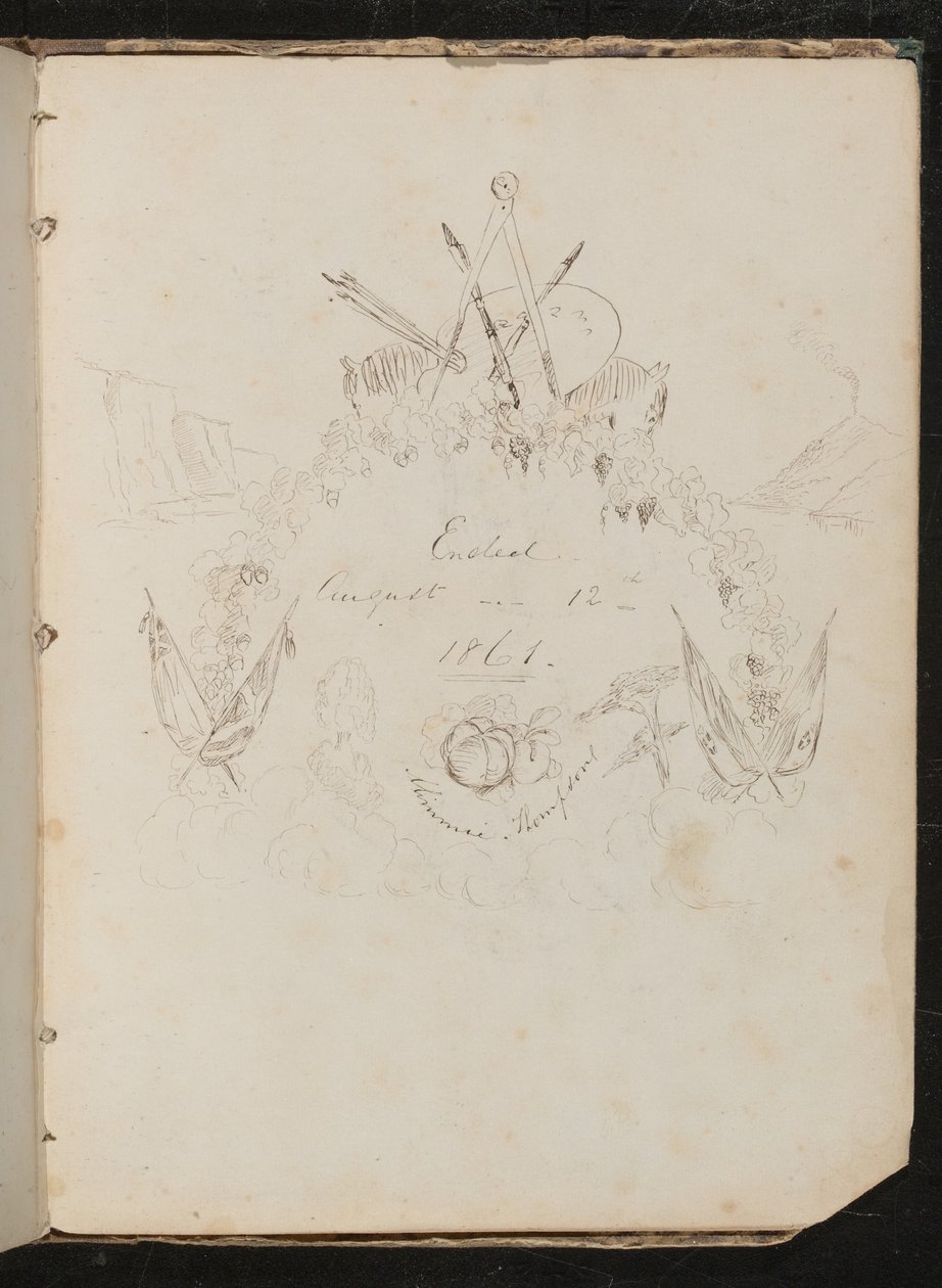Tutkimus taiteilijoiden materiaaleista, perhosista, kukista, lipuista, kallion pinnasta ja seppeleestä vaakunamuodostelmassa kirjoituksen "Päättyi 12. elokuuta 1861" ympärillä tekijältä Lady Butler