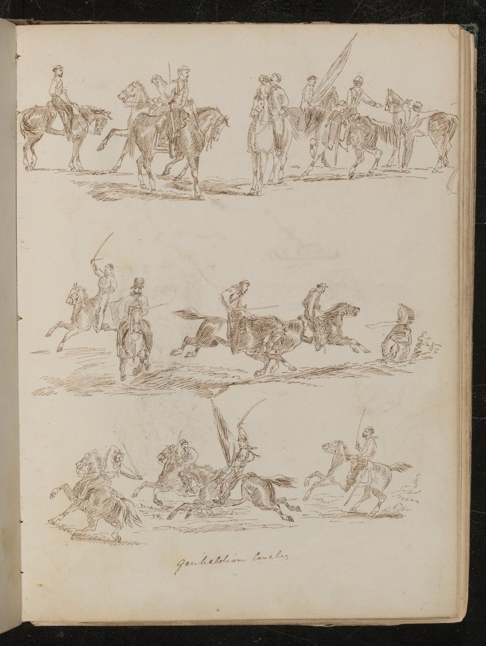Kolme tutkimusta hevosen selässä olevista sotilaista, joihin on kaiverrettu "Garibaldian Cavalry" tekijältä Lady Butler
