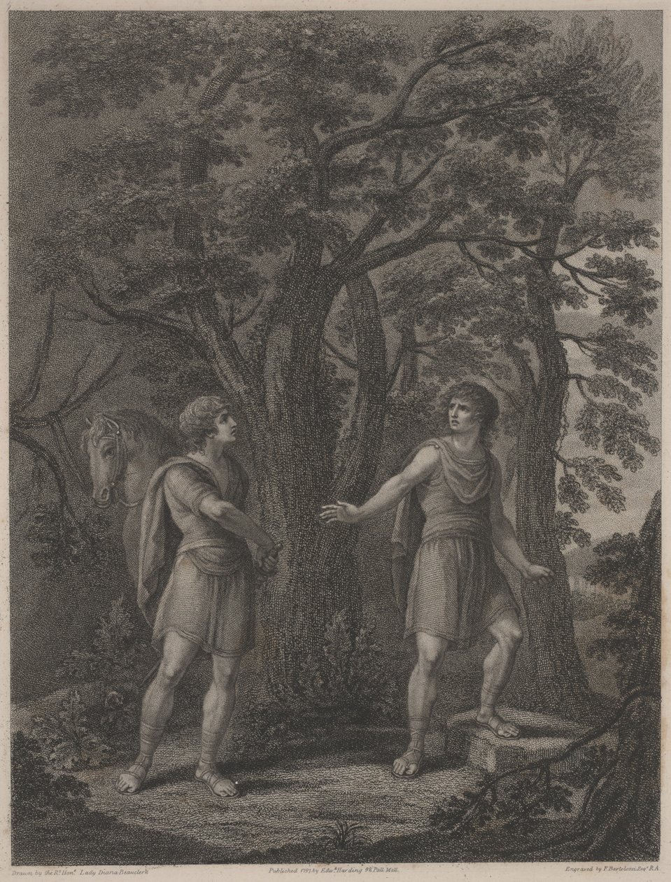 Kuvitus teoksesta "Palamon ja Arcite", Francesco Bartolozzi 1797 (pistekaiverrus). tekijältä Lady Diana (after) Beauclerk