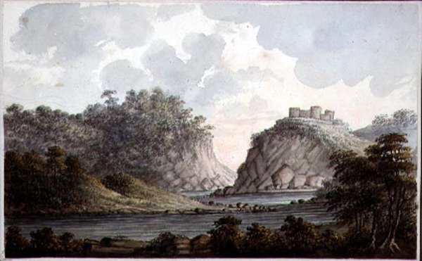 Maisema raunioituneen linnan kanssa, n. 1825 (akvarelli paperille) tekijältä Lady Egerton
