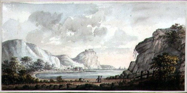 Maisema kahdella hahmolla lahdelle, n. 1825 (akvarelli paperille) tekijältä Lady Egerton