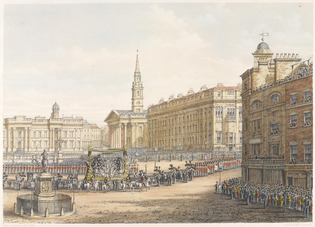 Hautausauto ja kulkue Wellingtonin herttuan osavaltion hautajaisissa Mansion Housen ohitse 18. marraskuuta 1852 tekijältä Lady Emily Drummond