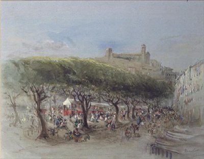 The Market, Cannes (akvarelli) tekijältä Lady Honoria Cadogan