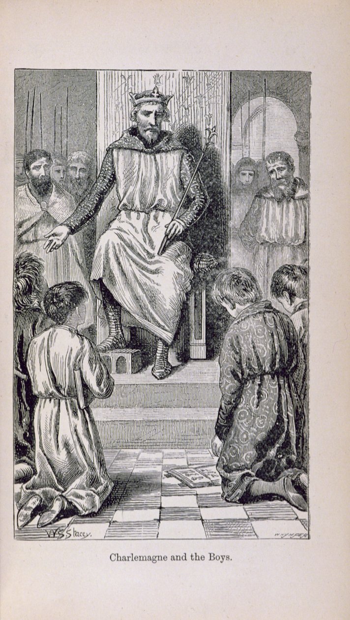 Charlemagne (742-814) ja pojat, kuvitus teoksesta "Pikku Arthurin Ranskan historia: Varhaisimmista ajoista toisen imperiumin kukistumiseen", julkaistu 1899 tekijältä Lady M. Chalcott