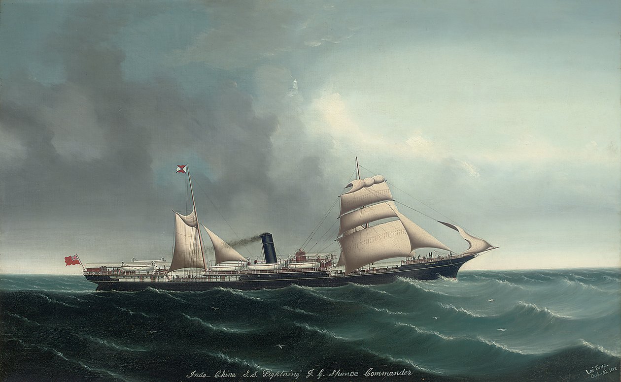 Indokiinan höyrylaiva Lightning purjeiden ja höyryn alla, 1892 tekijältä Lai Fong
