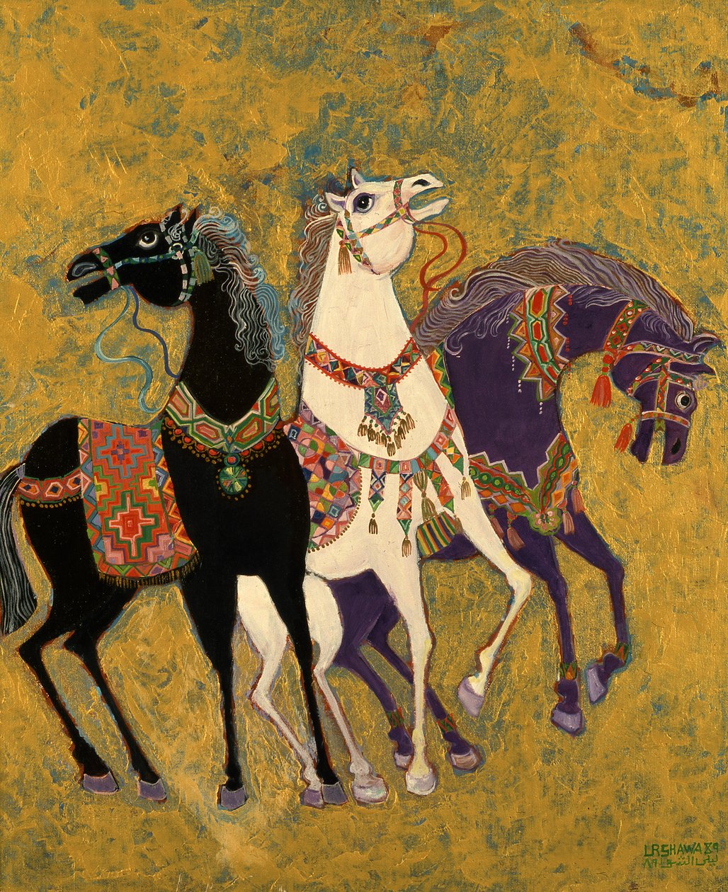 3 hevosta, 1975 (akryylia aluksella) tekijältä Laila Shawa