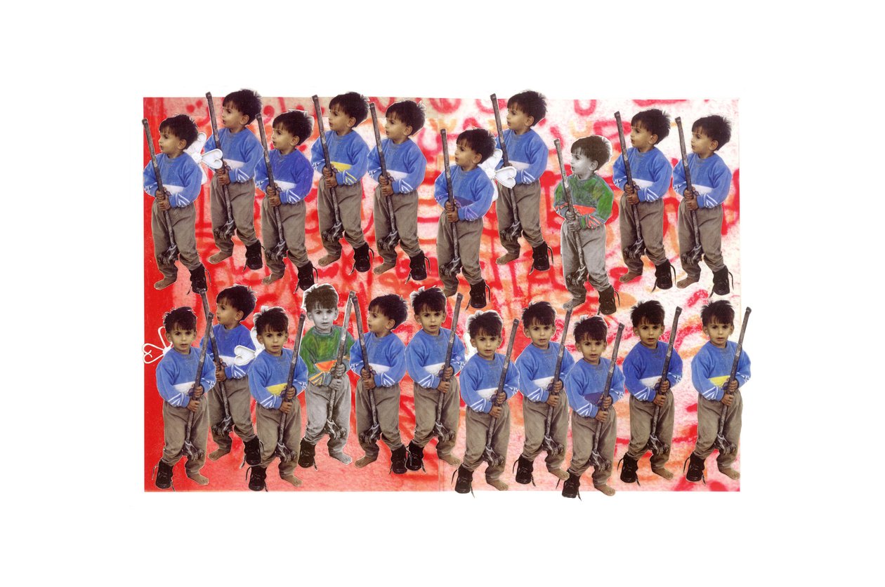 Boy Soldiers, 2005-06 (kollaasi & asetaatti paperilla) tekijältä Laila Shawa